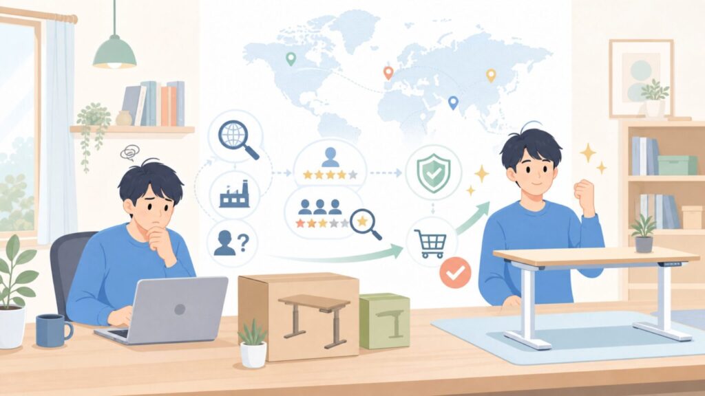 ERGOMAKERはどこの国？運営会社とサクラ評判を本音で調査の要点を表すイラスト