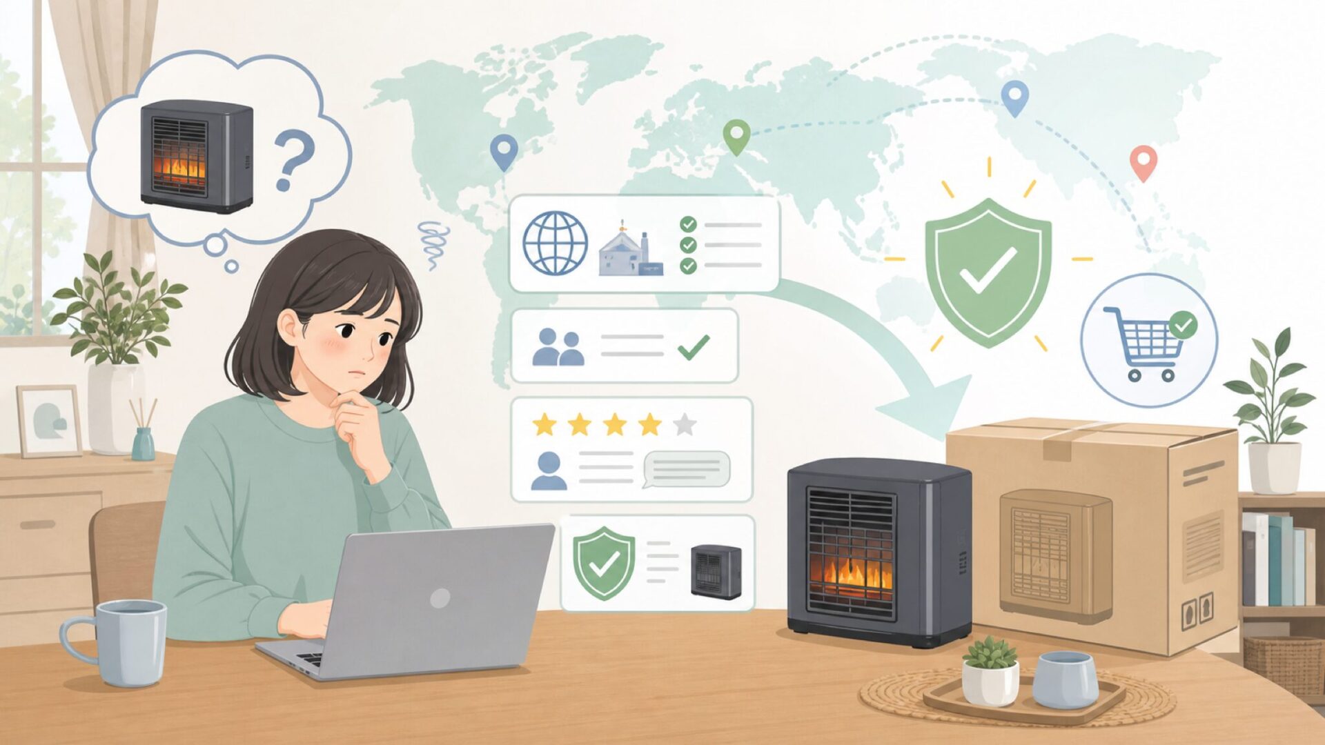 HOMCOMはどこの国のブランド？運営会社と安さの理由を購入前に総点検の要点を表すイラスト