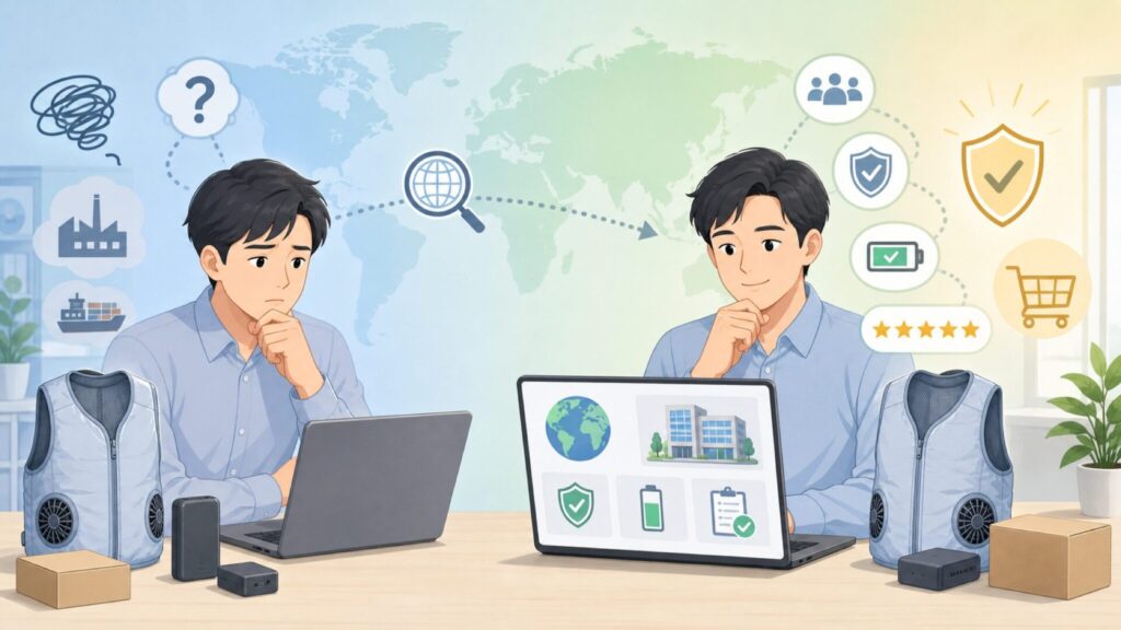 KLIFEはどこの国？運営元と空調ベストの安全性を徹底解説の要点を表すイラスト