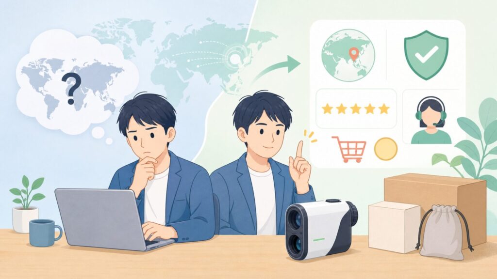 MILESEEYはどこの国？中国発ブランドの信頼性とゴルフ距離計を解説の要点を表すイラスト