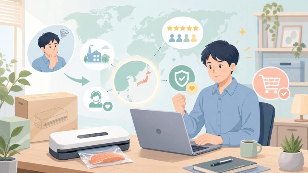 GERYONはどこの国のブランド？真空パック機の原産国と評判を解説の要点を表すイラスト