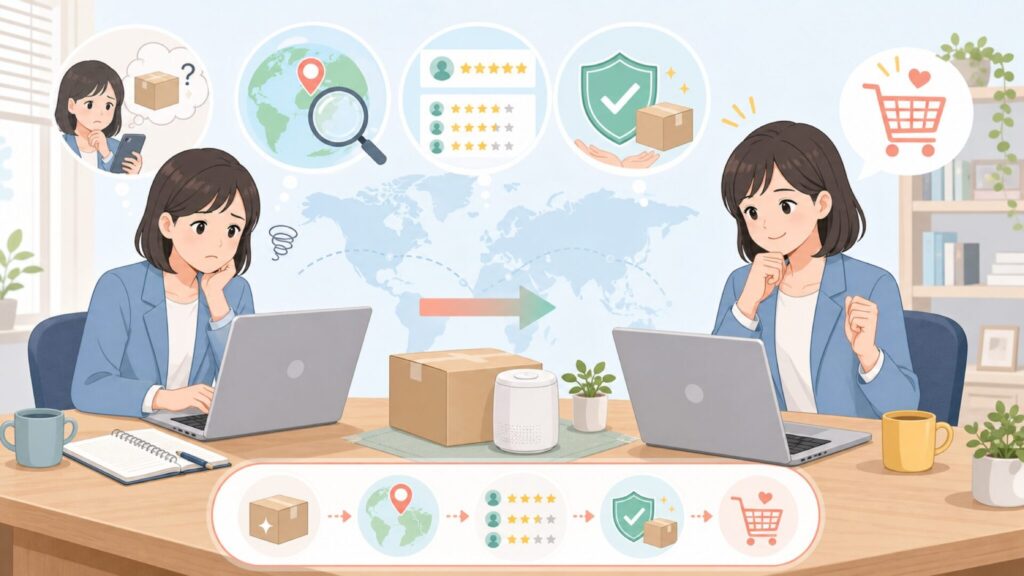 FOHEREはどこの国のブランド？会社概要と評判・保証を徹底調査の要点を表すイラスト