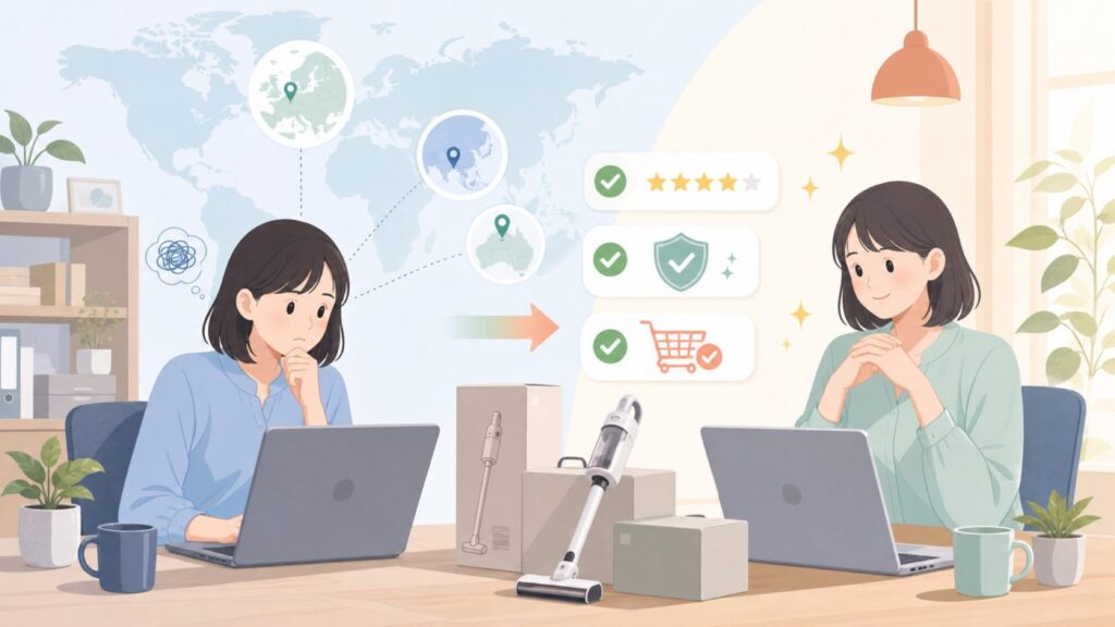 PRETTYCAREはどこの国？正体と評判を調べて分かった安心の買い方の要点を表すイラスト