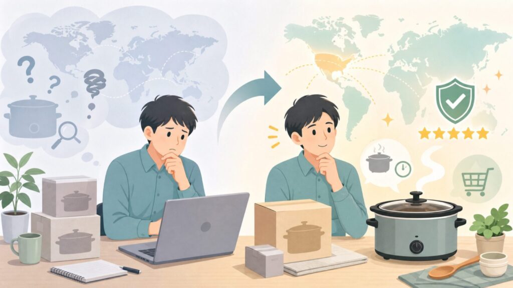 Crock-Potはどこの国？アメリカ発祥の老舗スロークッカーの正体の要点を表すイラスト