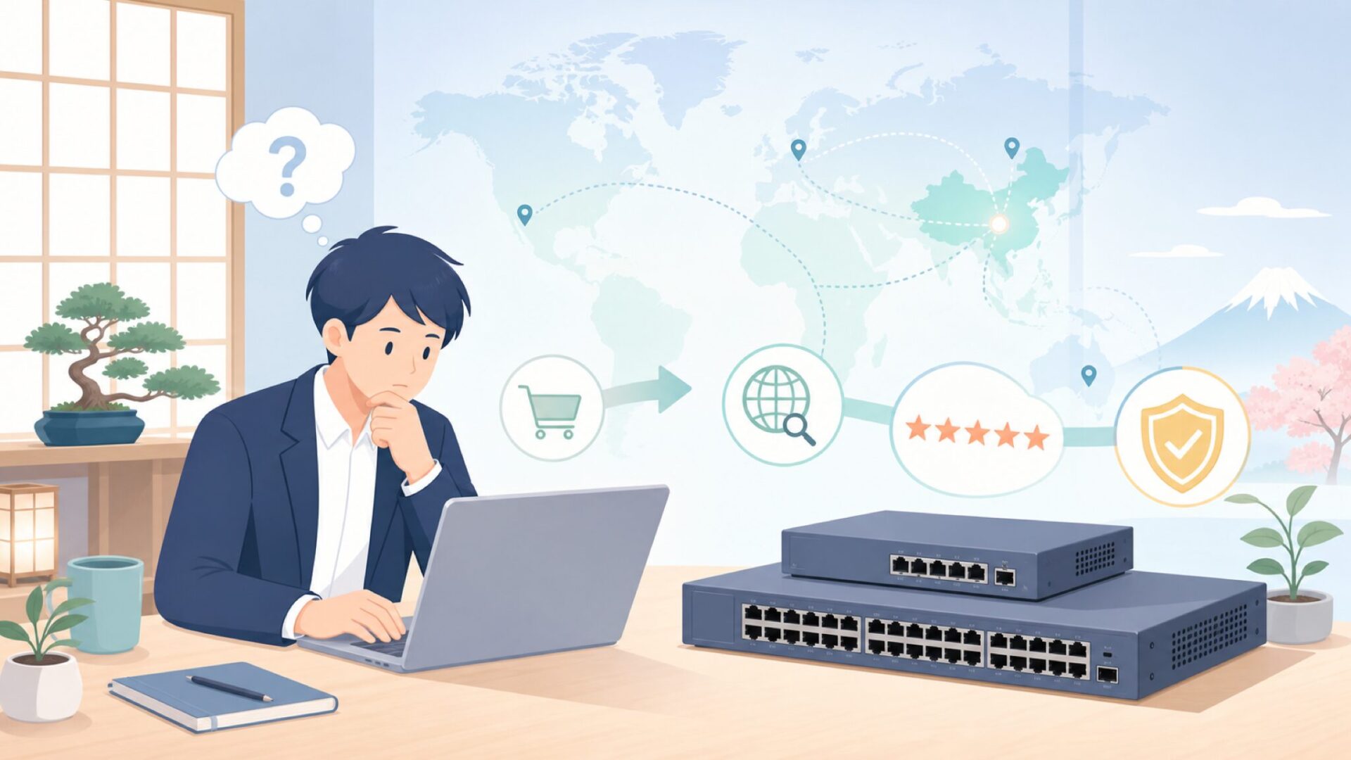 MokerLinkはどこの国のメーカー？中国製スイッチの信頼性を解説の要点を表すイラスト