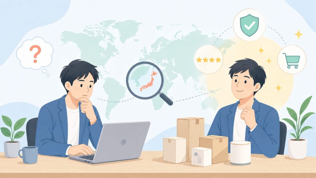 Eleeyakどこの国のブランド？信頼性・サクラ疑惑を本音で徹底検証の要点を表すイラスト