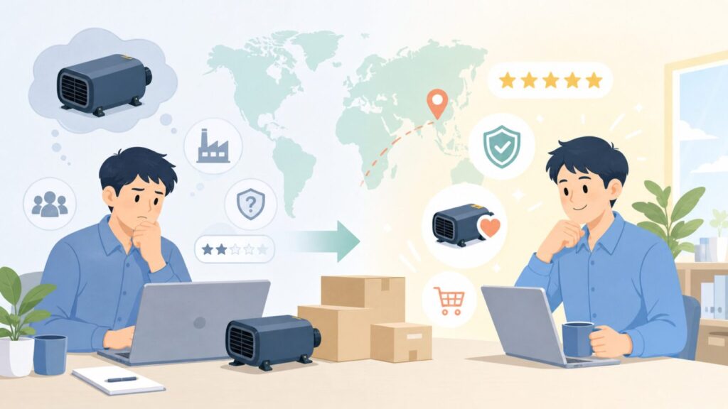 Hcalory はどこの国？深圳発の車中泊ヒーターが世界中で売れる理由の要点を表すイラスト