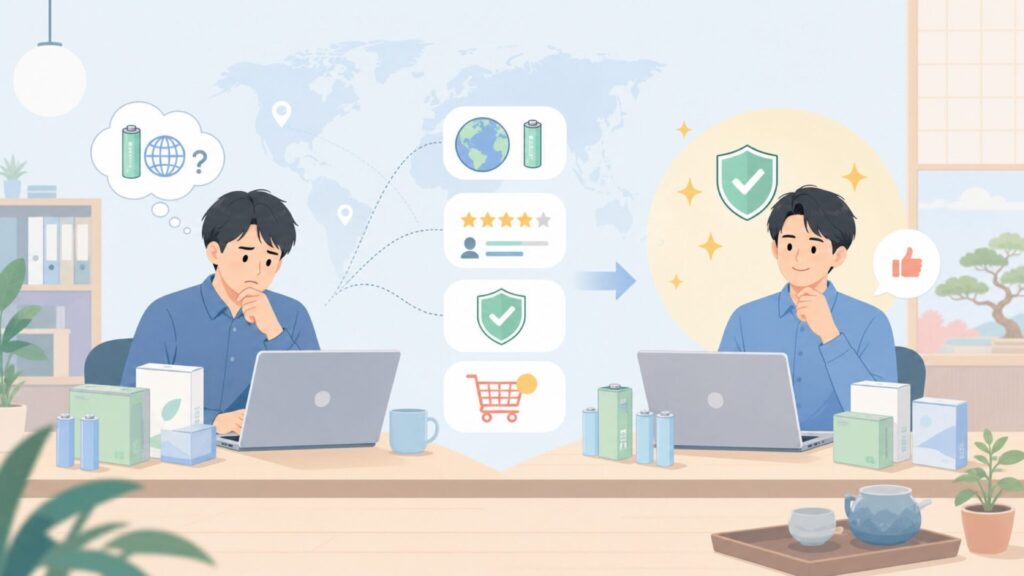 POWEROWLはどこの国？中国製充電池の安全性とコスパを客観データで検証の要点を表すイラスト