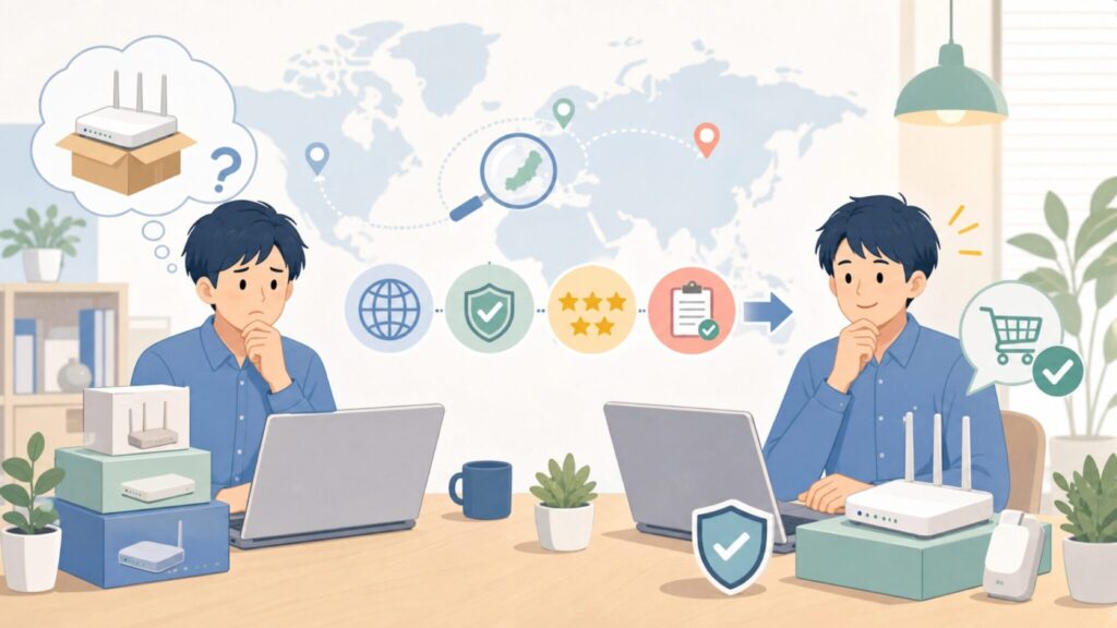 Comfastはどこの国?中国・深圳発メーカーの実態と技適マーク問題の要点を表すイラスト