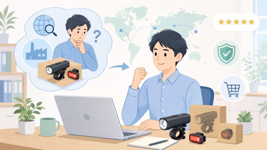 TOWILDはどこの国のブランド？深圳の自転車ライト専業メーカーを徹底解説の要点を表すイラスト