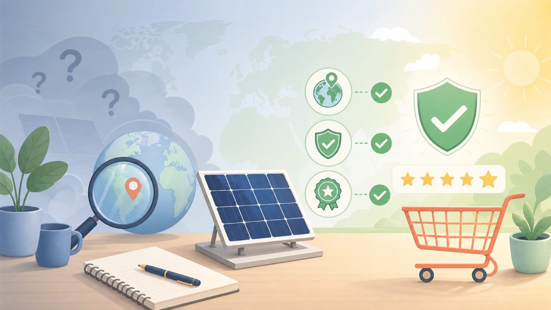 FlexSolarはどこの国のブランド？中国製でも信頼できる5つの根拠を解説の要点を表すイラスト