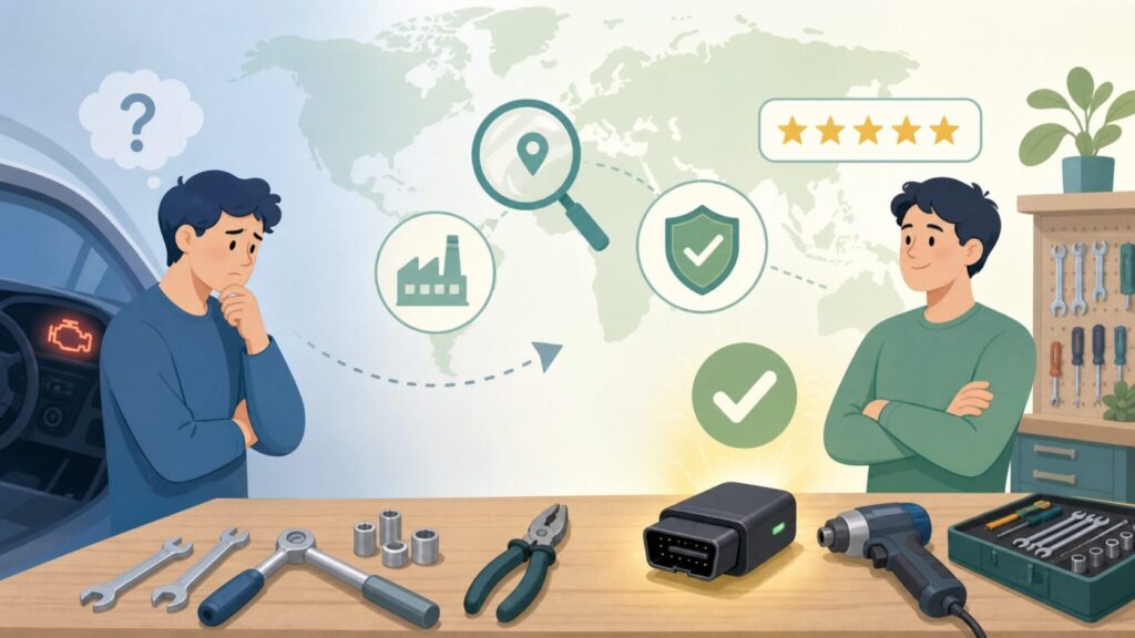 Vgate どこの国のメーカー？中国・深圳発のOBD2専業ブランドを徹底解説の要点を表すイラスト