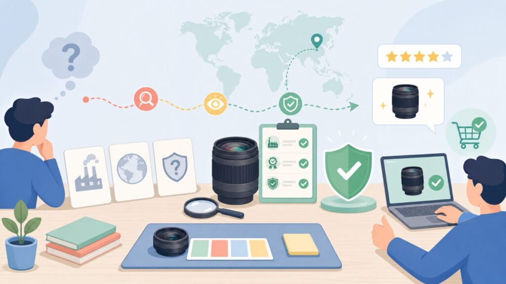 Viltroxはどこの国のメーカー?中国製レンズの実力と信頼性を徹底解説の要点を表すイラスト