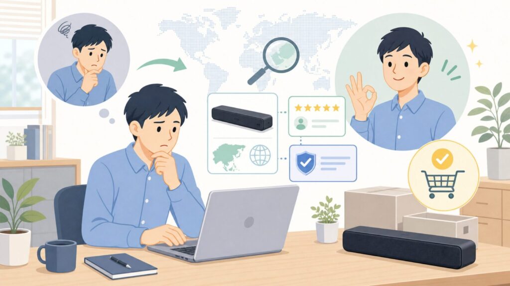 OXSはどこの国？中国発サウンドバーブランドの信頼性・評判まとめの要点を表すイラスト