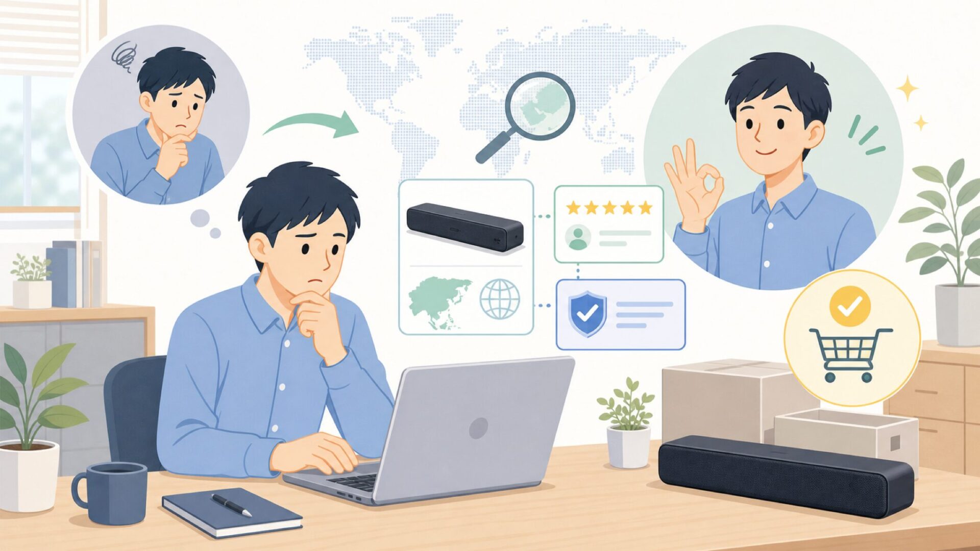 OXSはどこの国?中国発サウンドバーブランドの信頼性・評判まとめの要点を表すイラスト