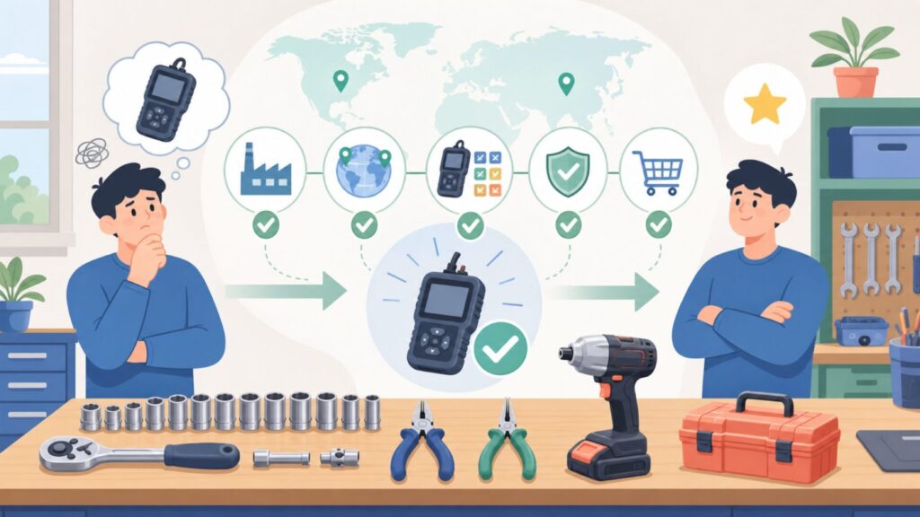 Thinkdiagの製造国はどこ？Thinkcar社の実力と日本での正規購入方法の要点を表すイラスト