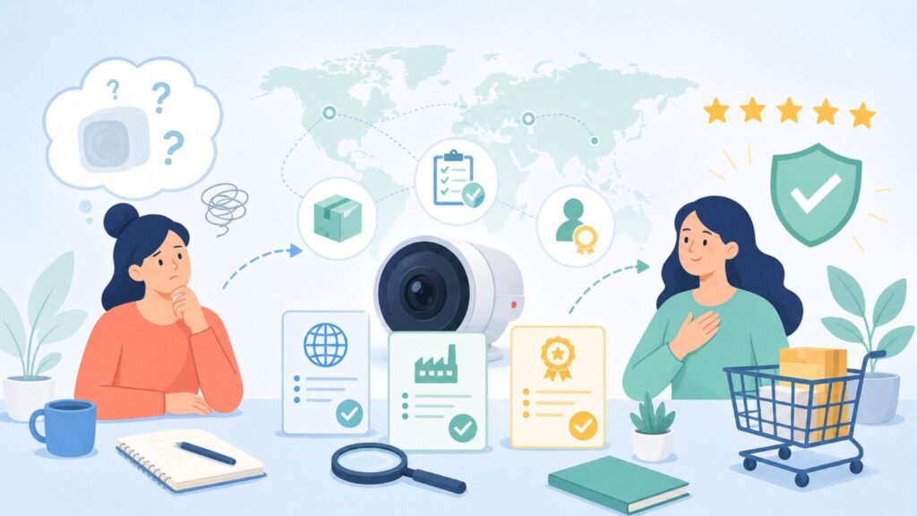 Amcrestはどこの国？アメリカ本社・中国製の安全性を解説の要点を表すイラスト
