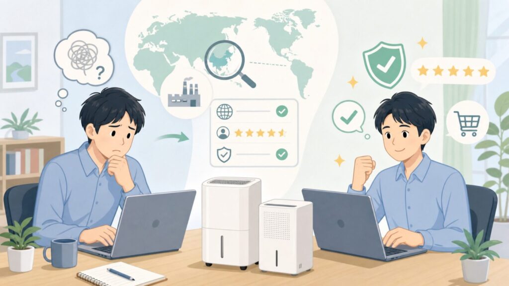 Waykarはどこの国？中国発除湿機ブランドが安心して買える理由を解説の要点を表すイラスト