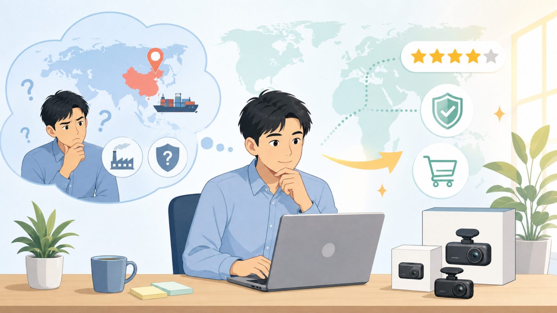E-YEEGERはどこの国？中国発メーカーの品質と信頼性を徹底調査の要点を表すイラスト