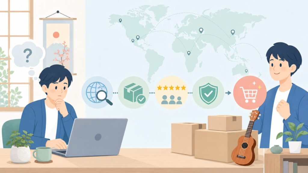 Kmise どこの国のブランド？中国製楽器の品質と評判を正直に解説の要点を表すイラスト