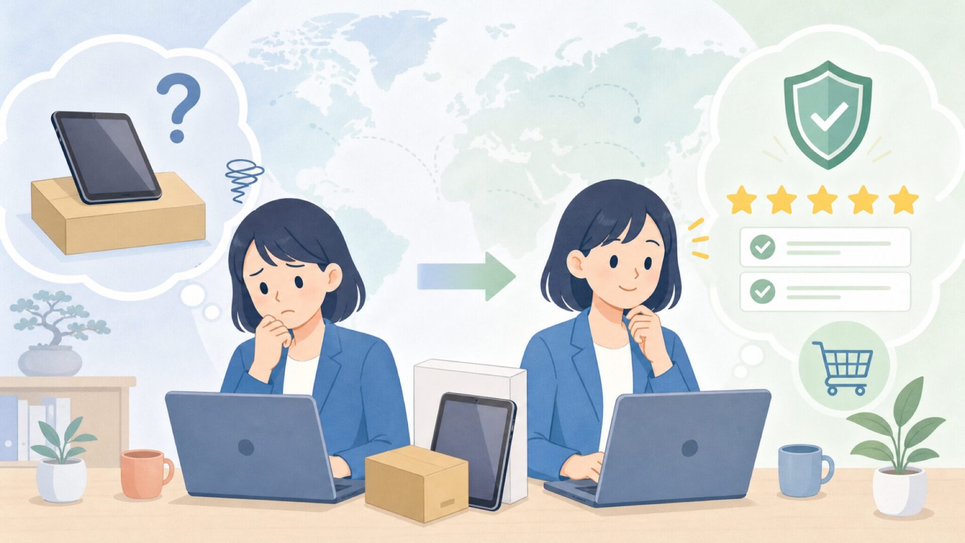 Lasituはどこの国？Amazonで買う前に知りたい会社情報と口コミの読み方の要点を表すイラスト