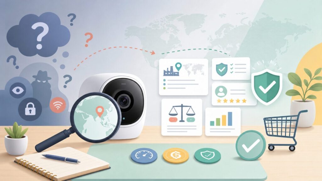 Arentiはどこの国のブランド？中国製防犯カメラの安全性と評判を徹底解説の要点を表すイラスト