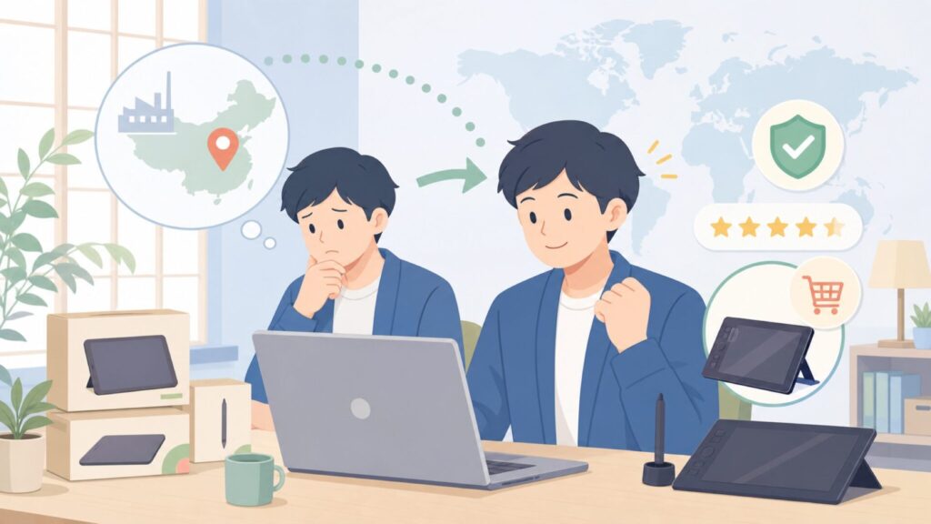 GAOMONはどこの国のブランド？中国・深圳発の信頼性と品質を正直に解説の要点を表すイラスト