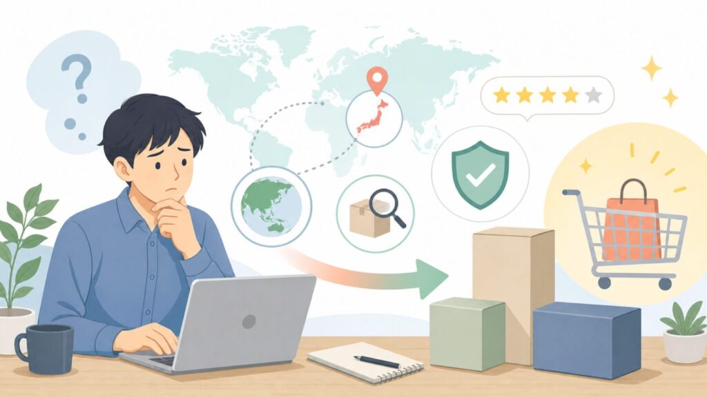 Stouchiはどこの国?国籍・品質・評判をAmazon購入前に徹底調査の要点を表すイラスト