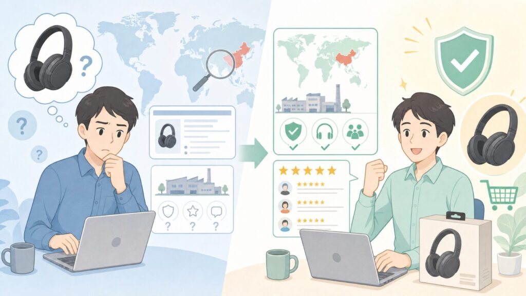 DOQAUSはどこの国のメーカー?中国ブランドの実力を口コミ・レビューで徹底解説の要点を表すイラスト