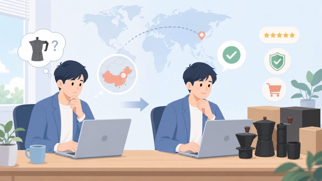 MHW-3BOMBERはどこの国？中国広州発のコーヒーギアブランドを徹底解説の要点を表すイラスト