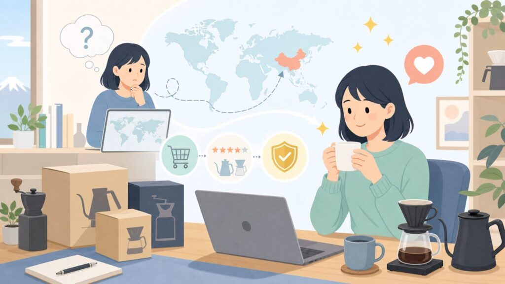 Normcoreはどこの国？中国発コーヒーブランドの品質と安心購入ガイドの要点を表すイラスト