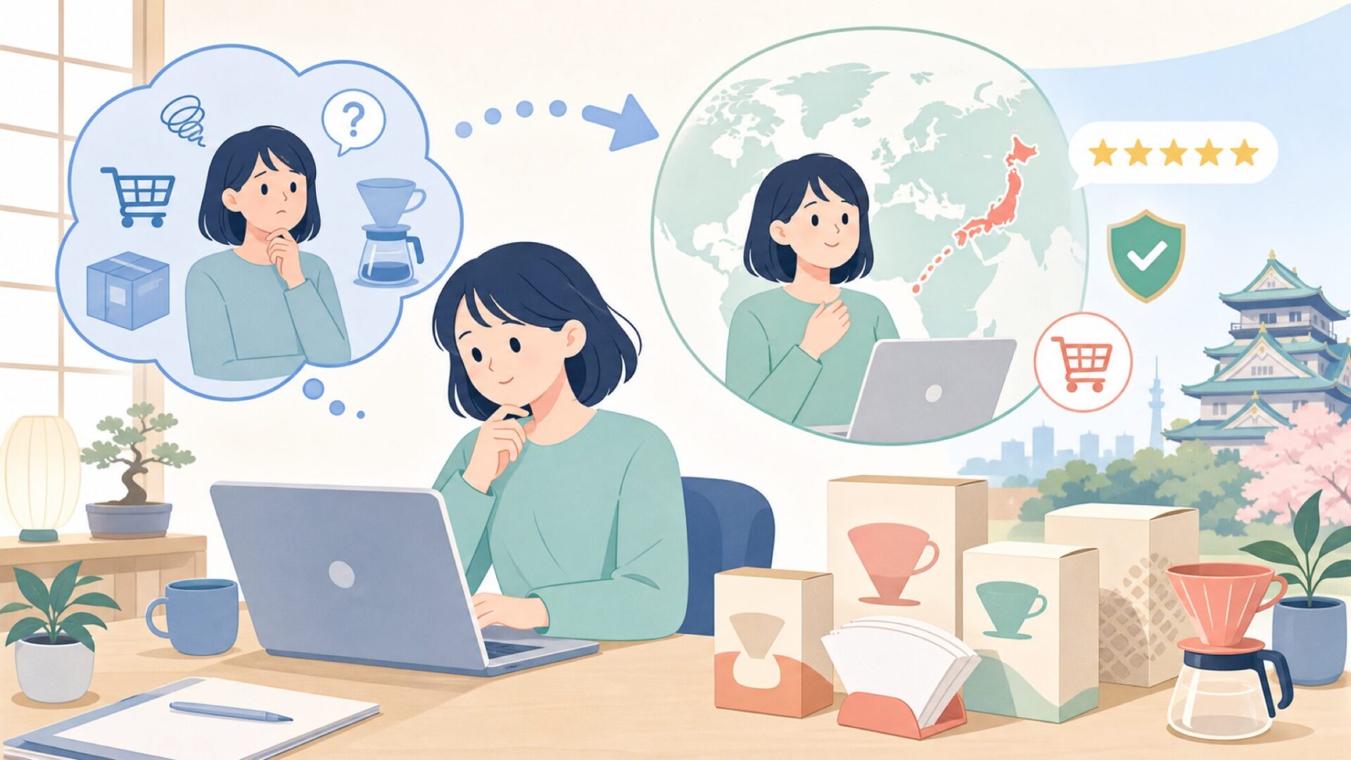 CAFECはどこの国のブランド？日本・大阪発の国産コーヒーブランドを徹底解説の要点を表すイラスト