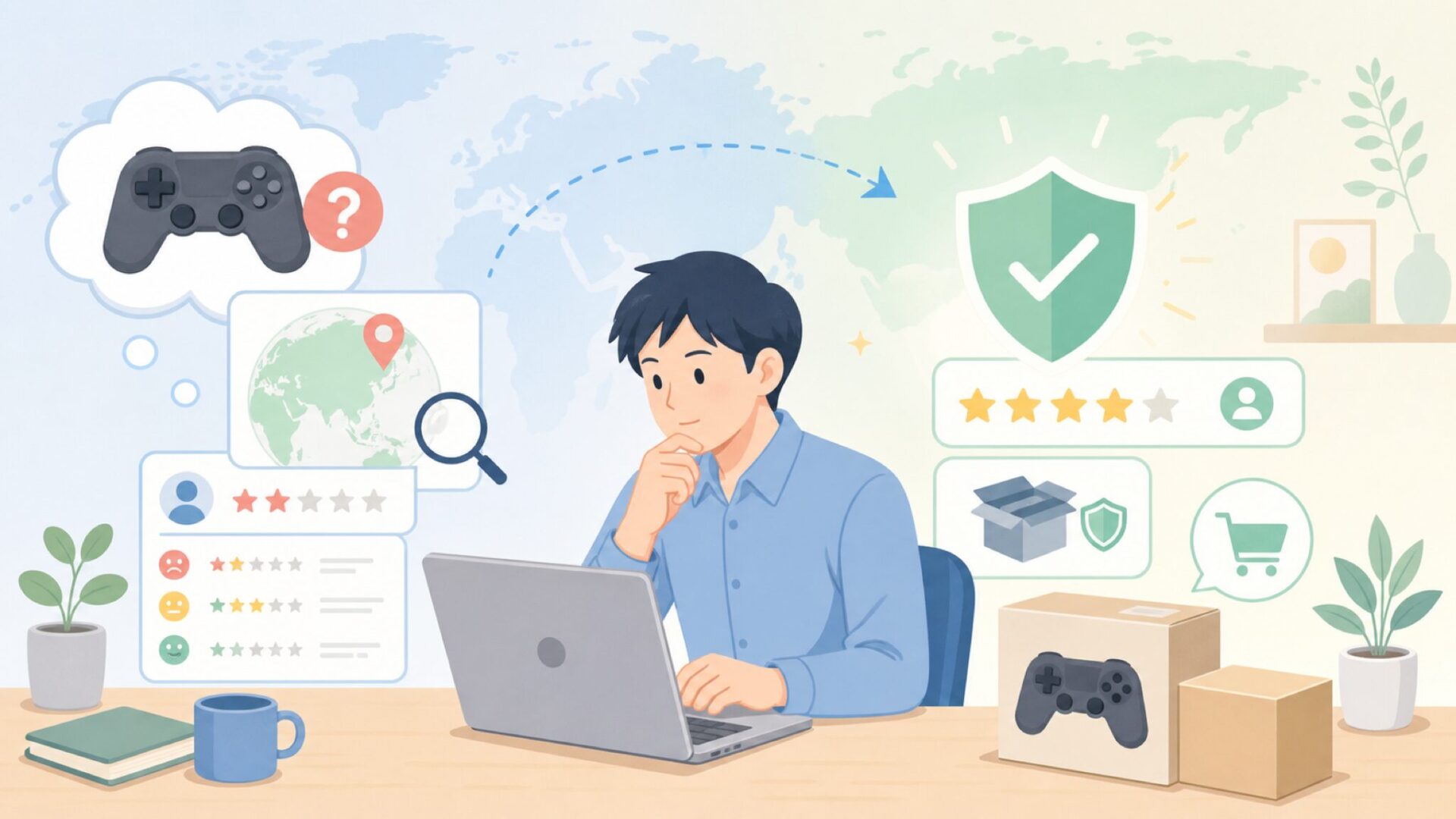 AceGamerどこの国？SW505コントローラーの信頼性とサクラ疑惑を徹底調査の要点を表すイラスト