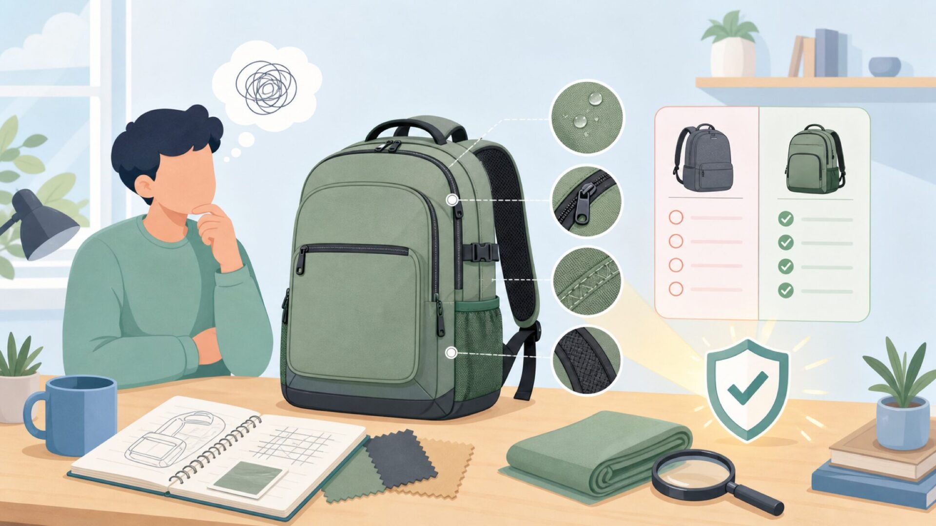 Mygreenリュック・バックパックの基本スペックと品質の実態を表すイラスト