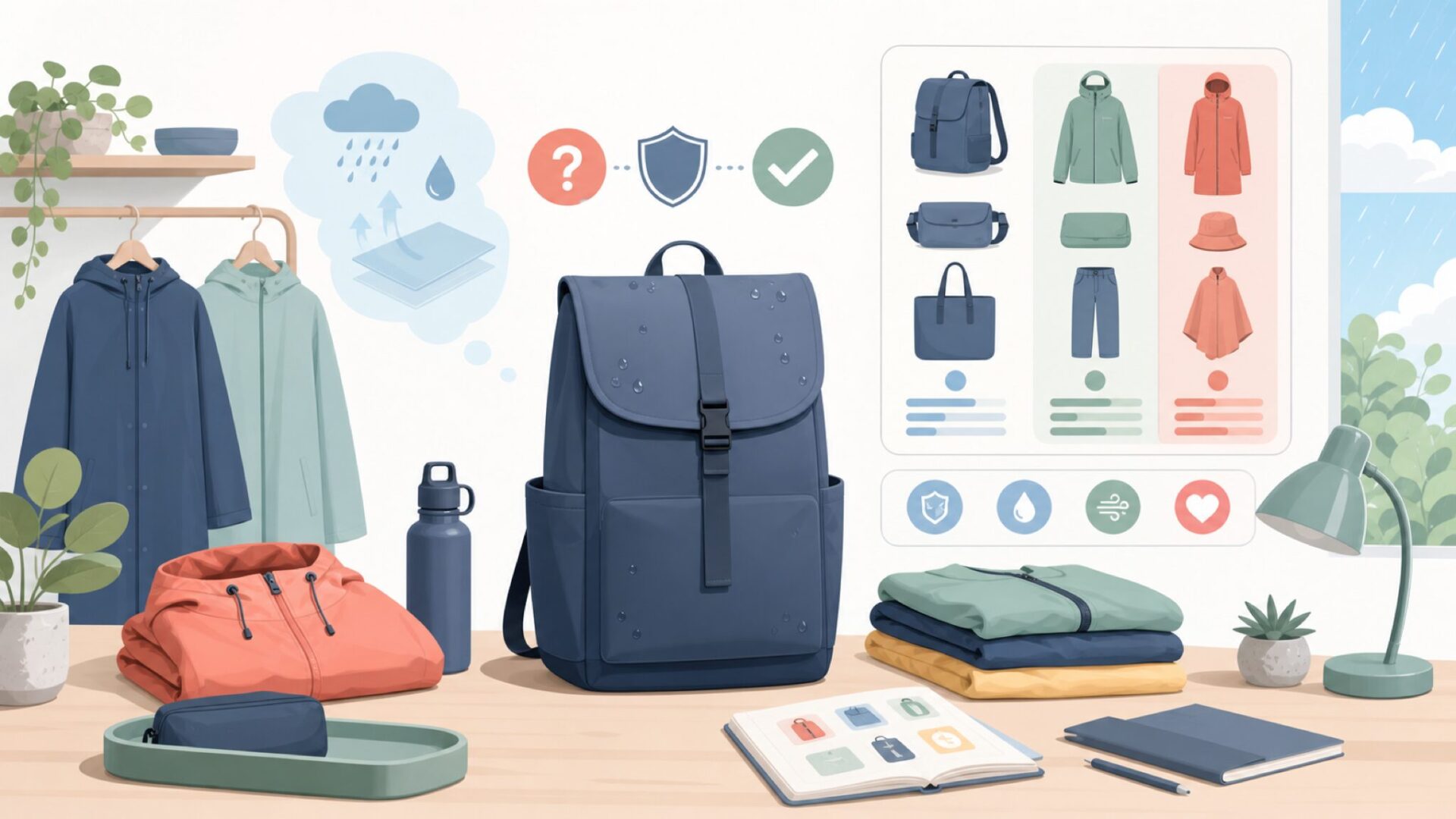 RAINSの主要商品ラインナップ——リュックからレインウェアまでを表すイラスト
