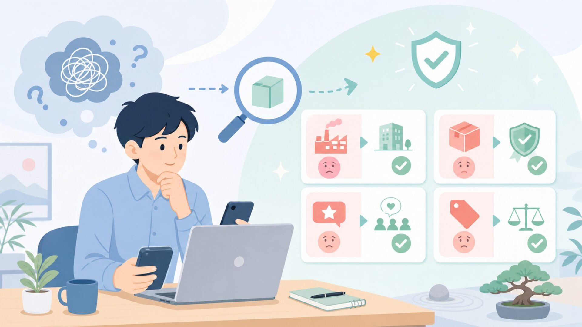 なぜEornmorは「怪しい」と感じるのか？4つの不安の正体を表すイラスト