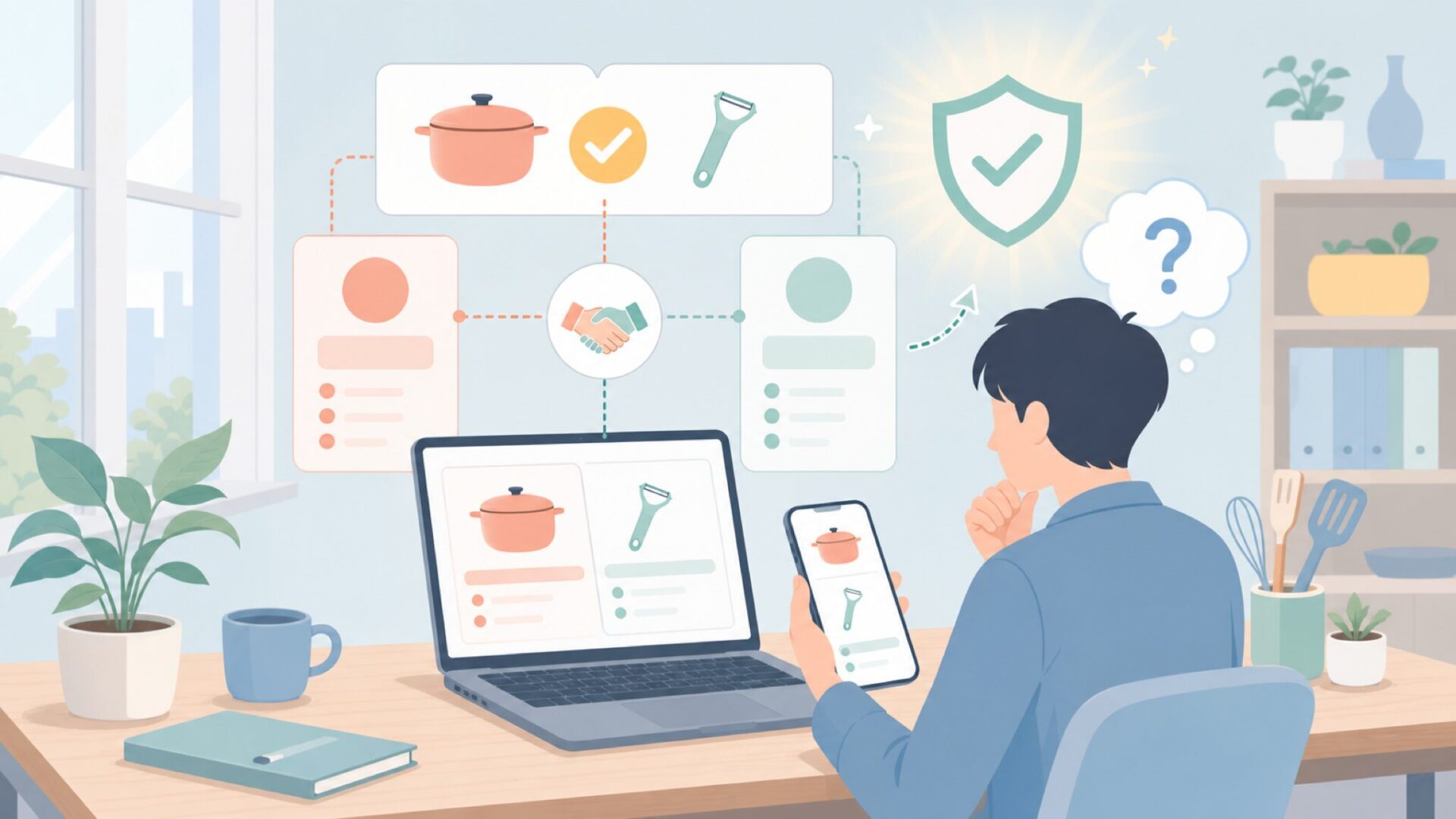 日本で見かける理由——貝印とChef'nの関係をスッキリ整理を表すイラスト