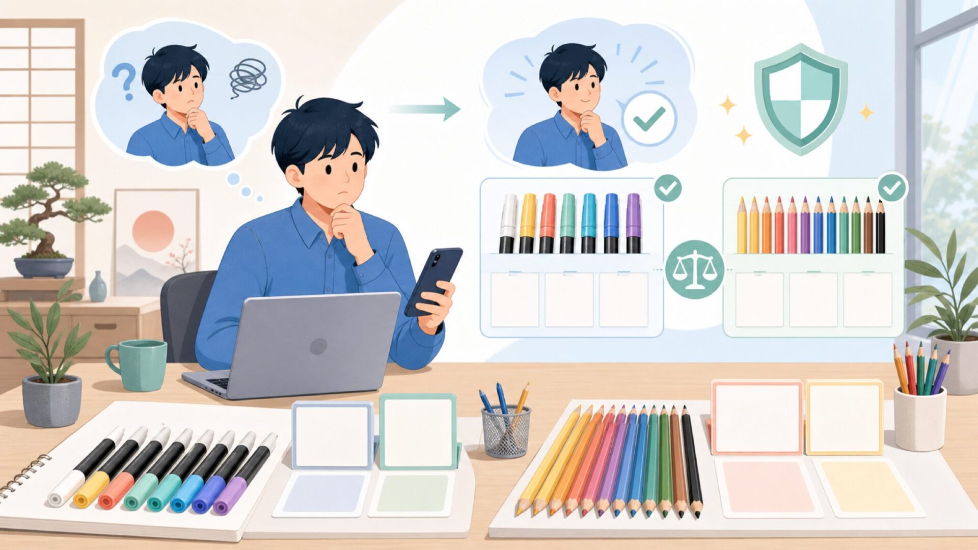 ArrtxのアクリルマーカーとColor pencilの使い勝手を整理するを表すイラスト