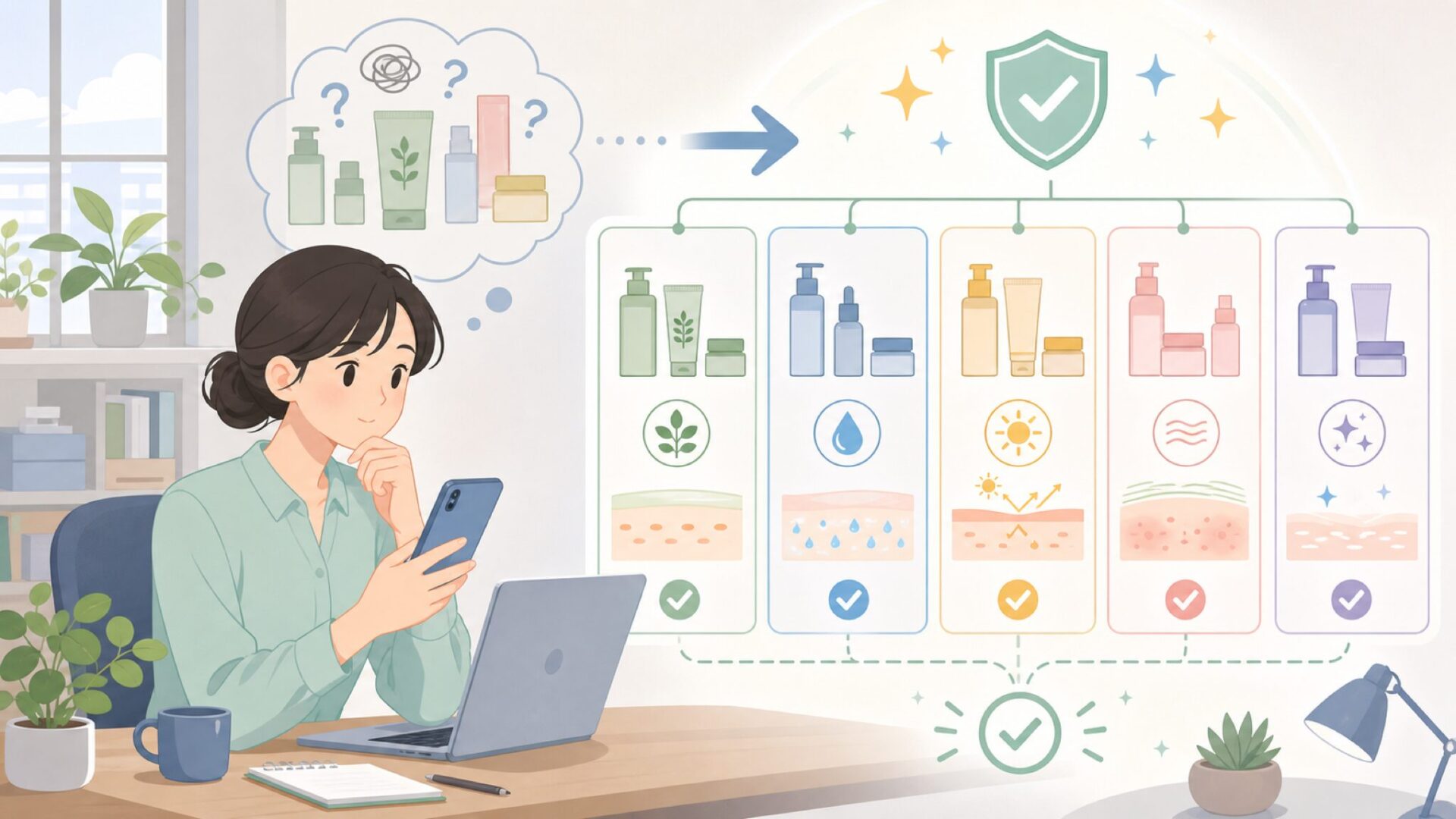 全ラインナップを肌悩み別に整理——5つのシリーズ比較を表すイラスト