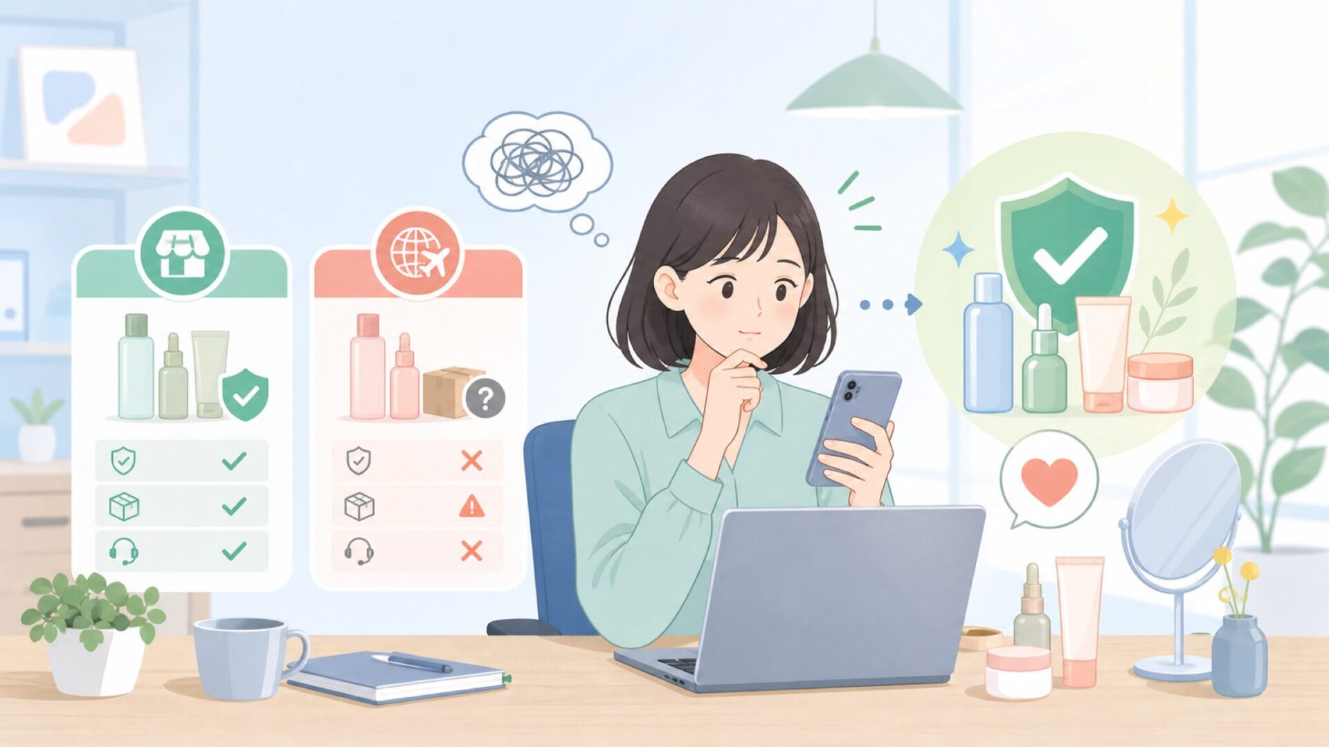 「どこで買うのが正解?」正規ルートと購入代行の違いを整理するを表すイラスト
