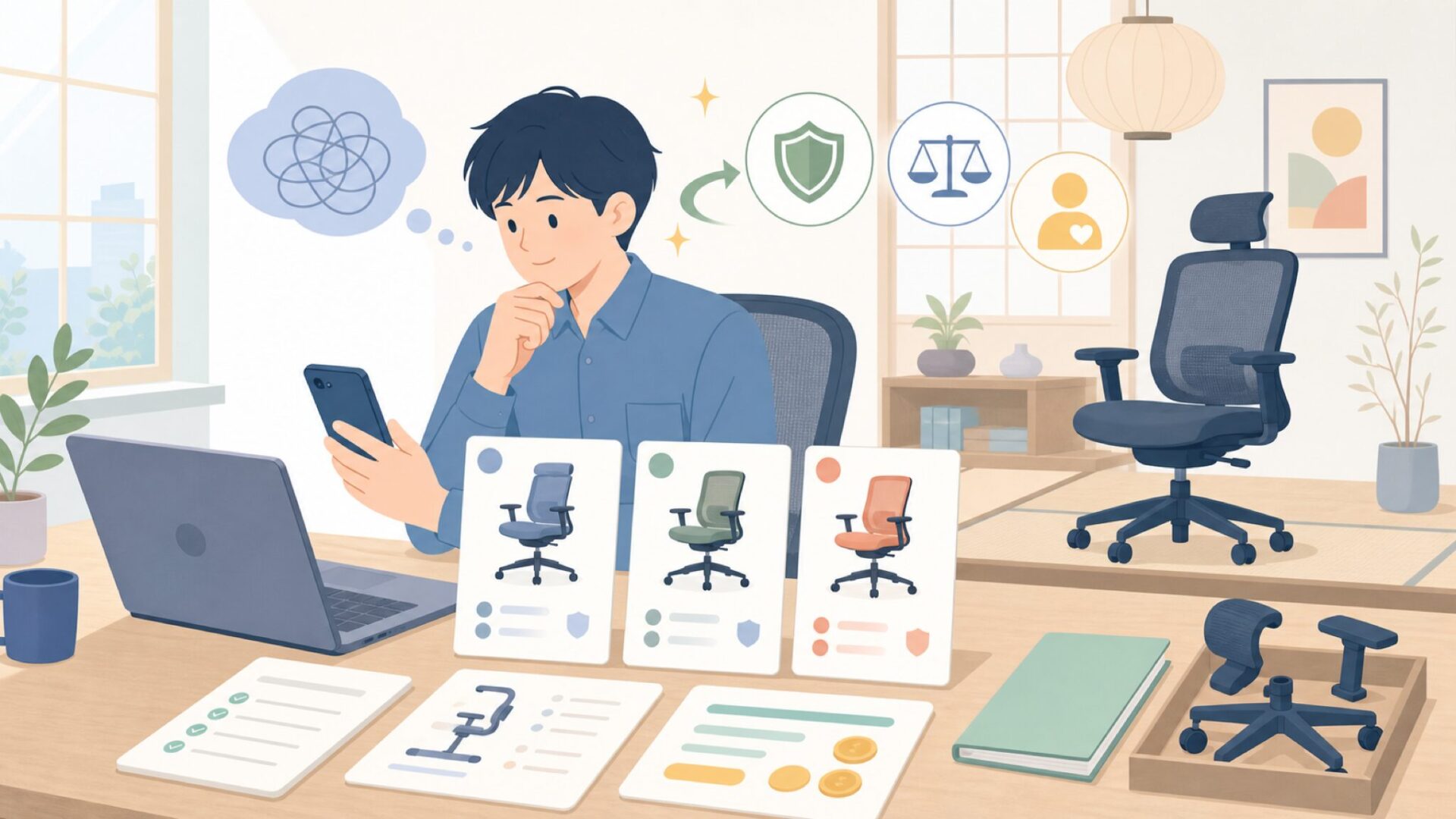 FelixKingオフィスチェアのスペックと価格を整理するを表すイラスト