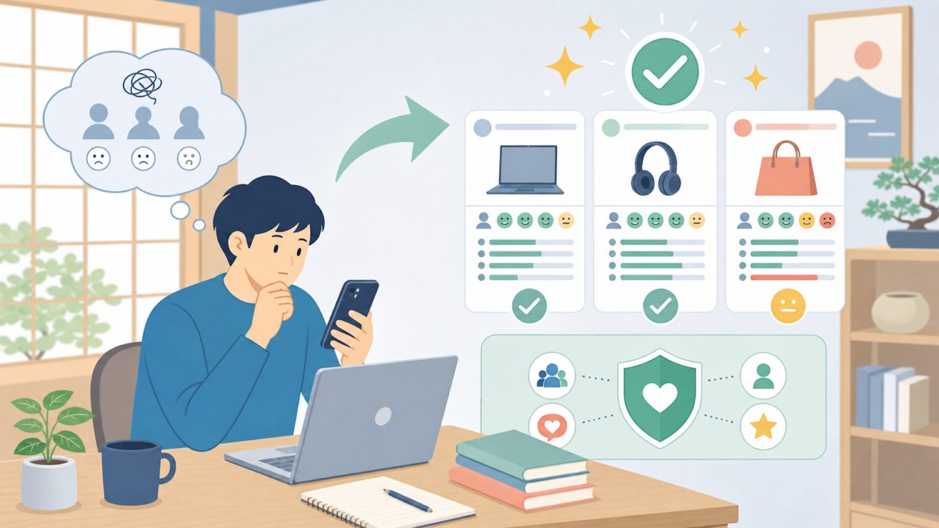 実際に買った人の評価は?口コミ・評判を整理を表すイラスト