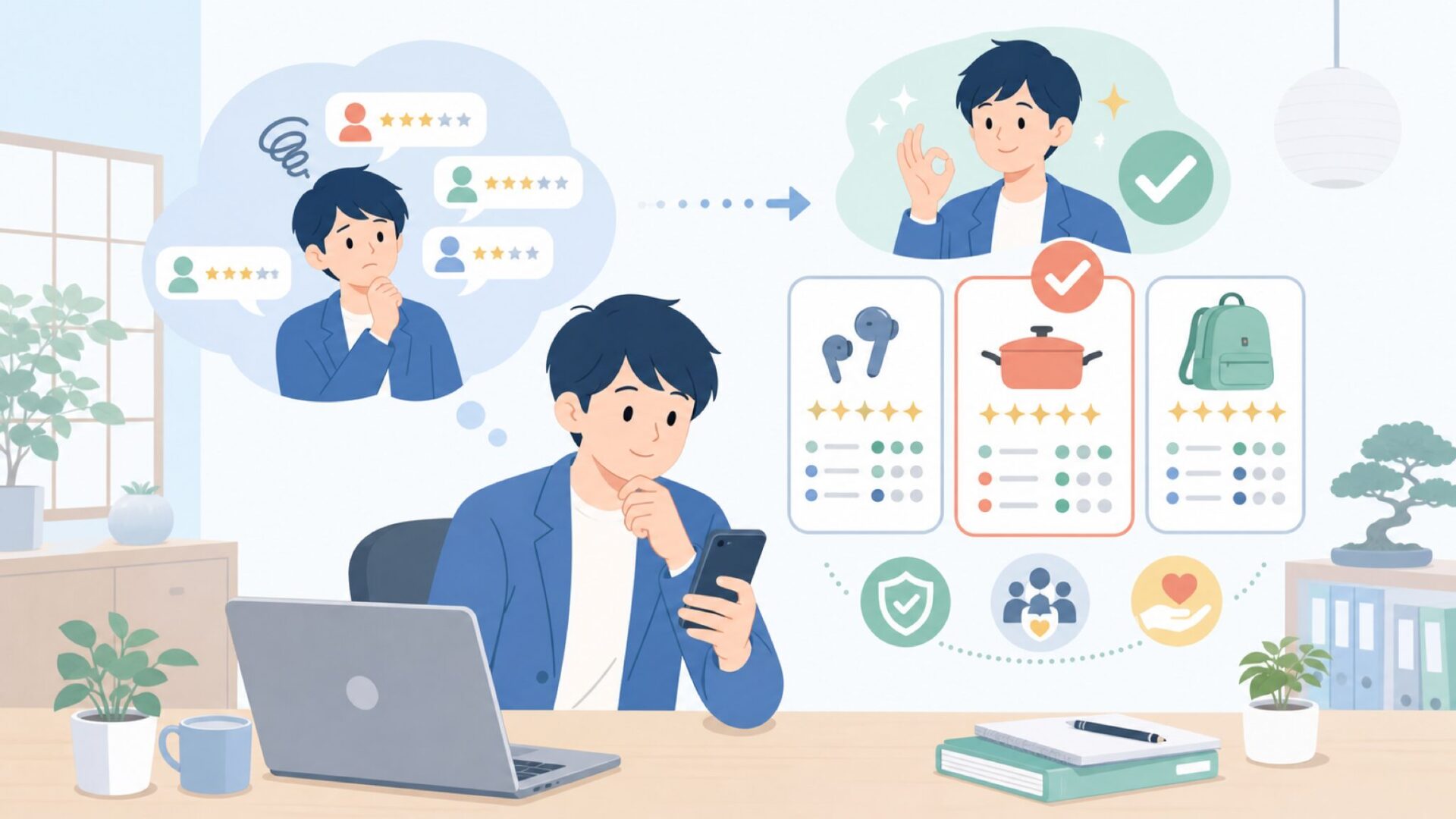 実際のユーザーの声——Amazonと口コミの評判を整理を表すイラスト