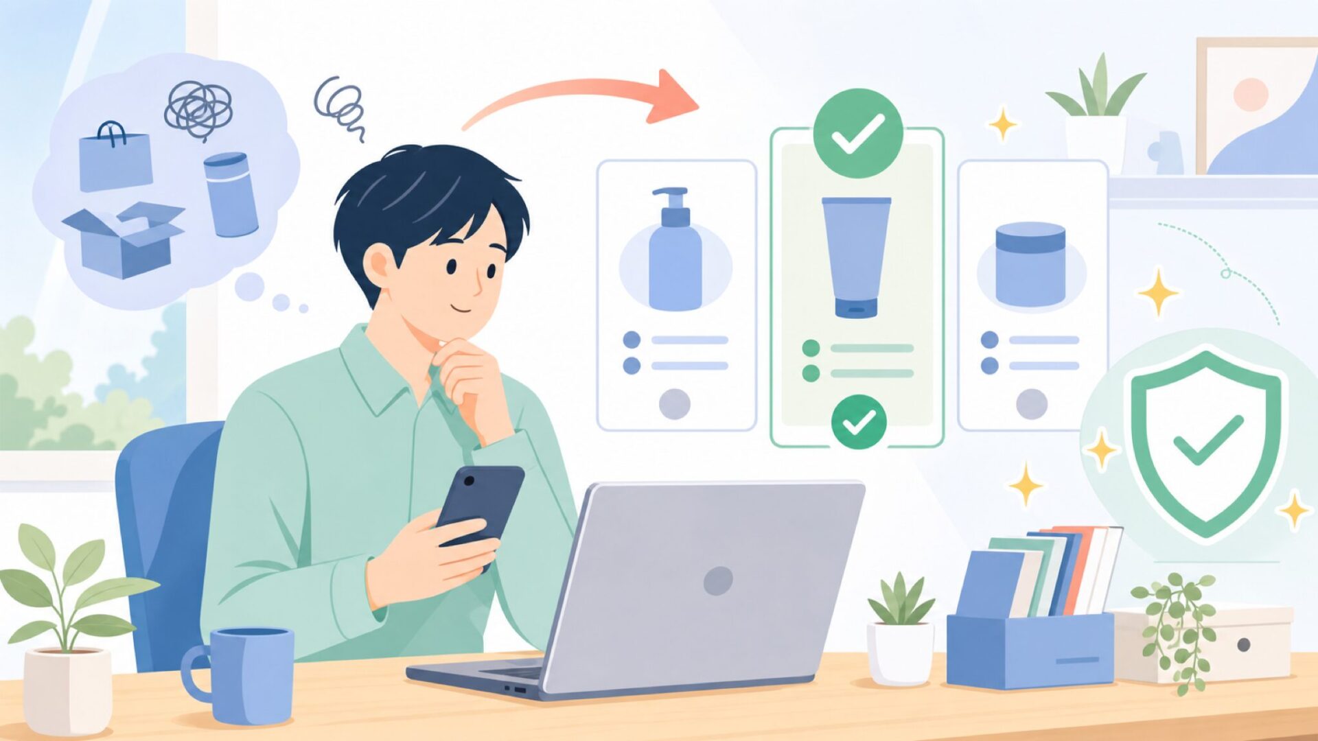 MYCARBONをどこで・どう買えば安心かを整理するを表すイラスト
