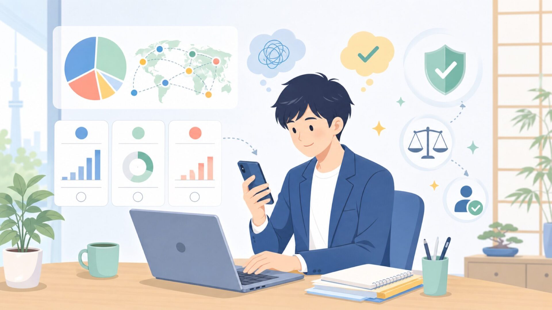 数字で読み解くYealinkの企業プロフィールと世界シェアを表すイラスト
