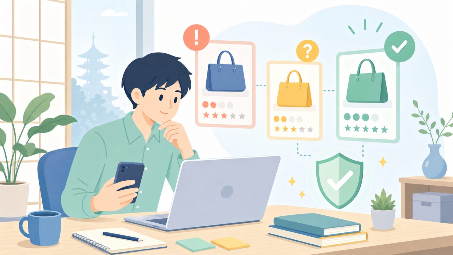 サクラレビューと品質ばらつきを検証するを表すイラスト