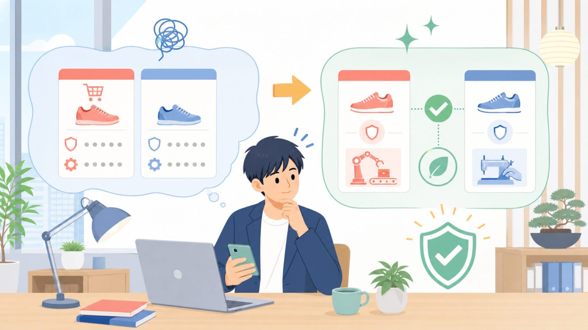 安さの理由は「品質を妥協した」からではなく「技術が違う」からを表すイラスト