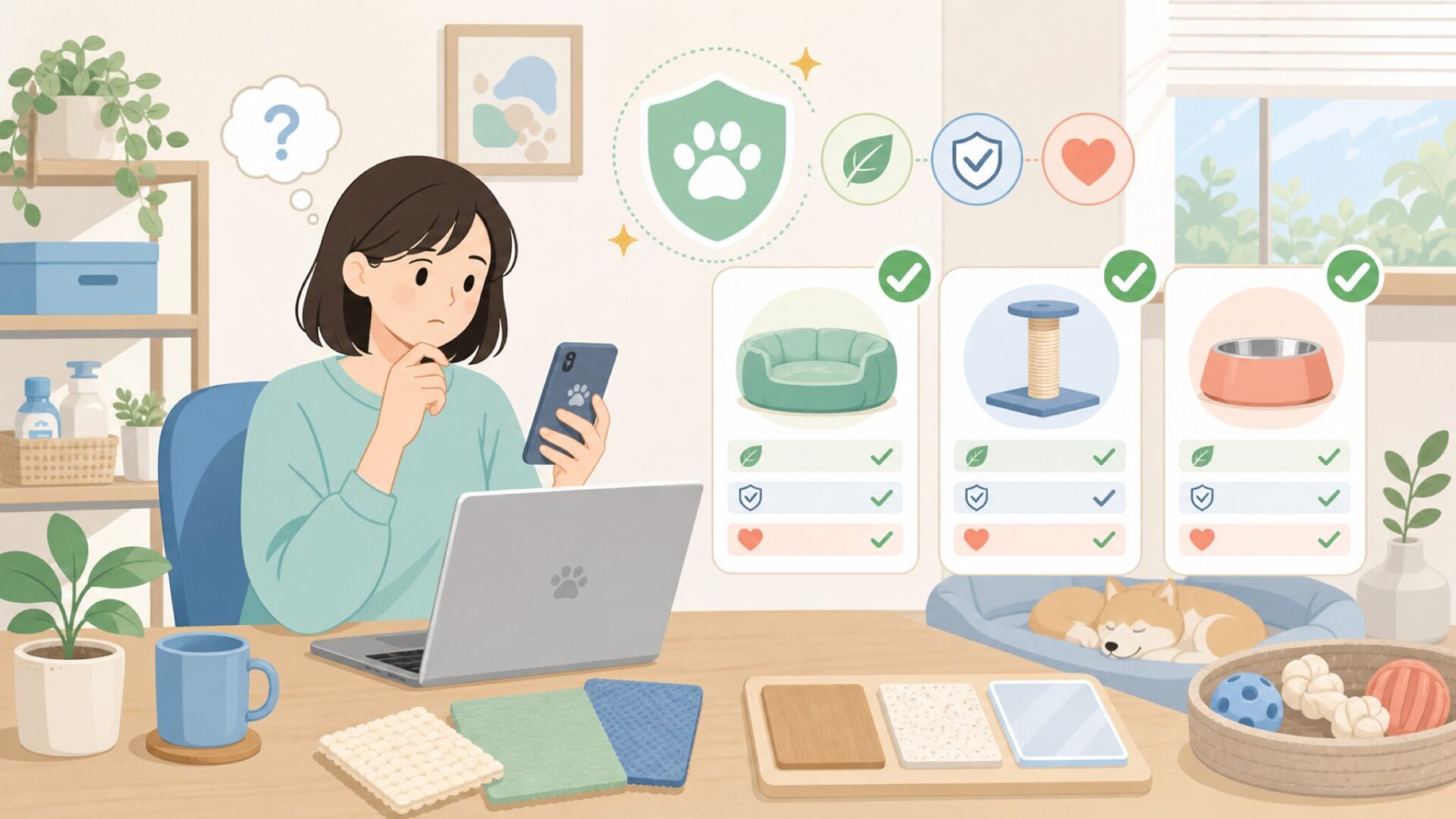 ペットへの安全性は大丈夫？Pawzoneの品質基準と素材を表すイラスト