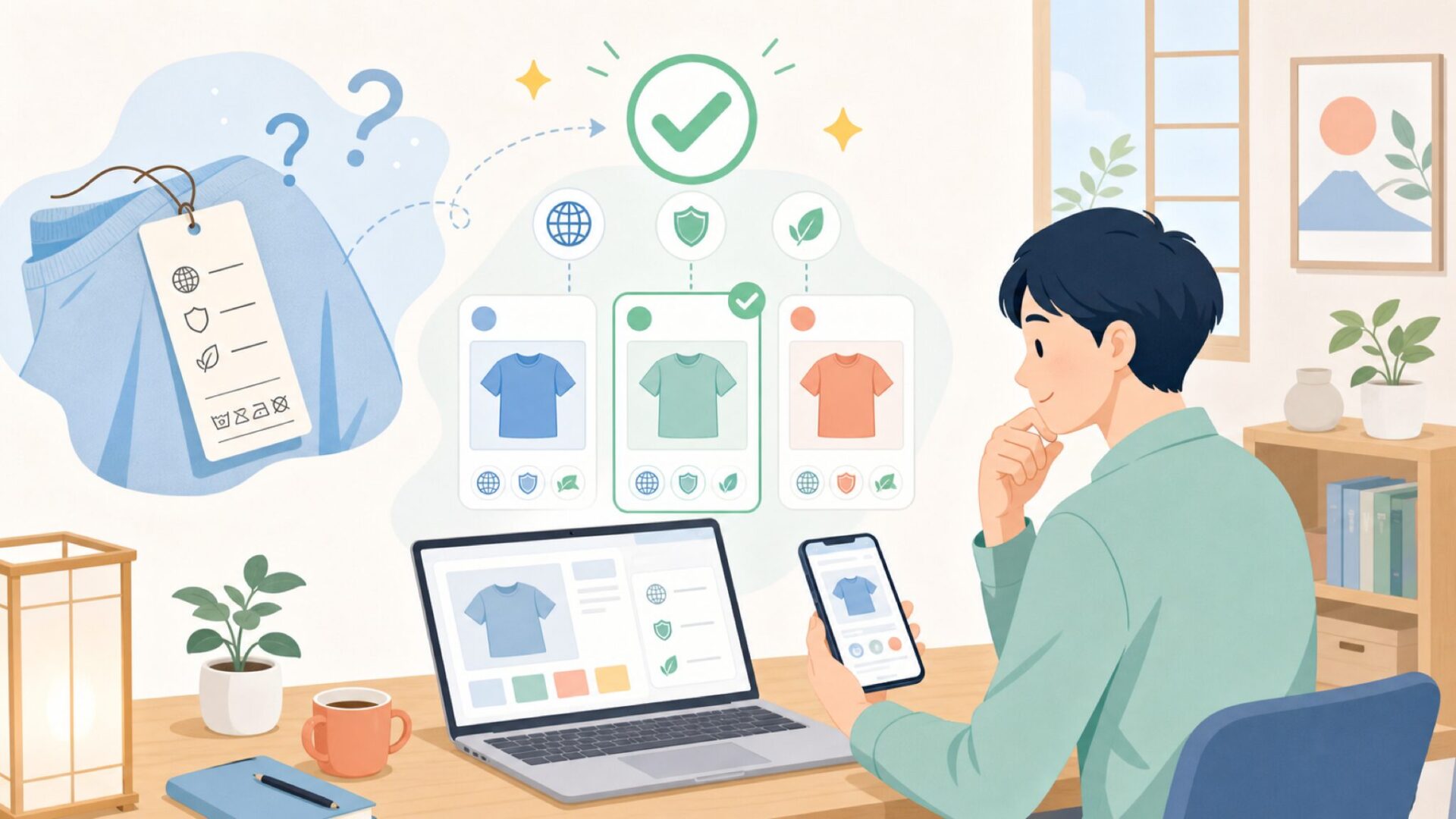 品質表示タグで製造国を確かめる方法を表すイラスト