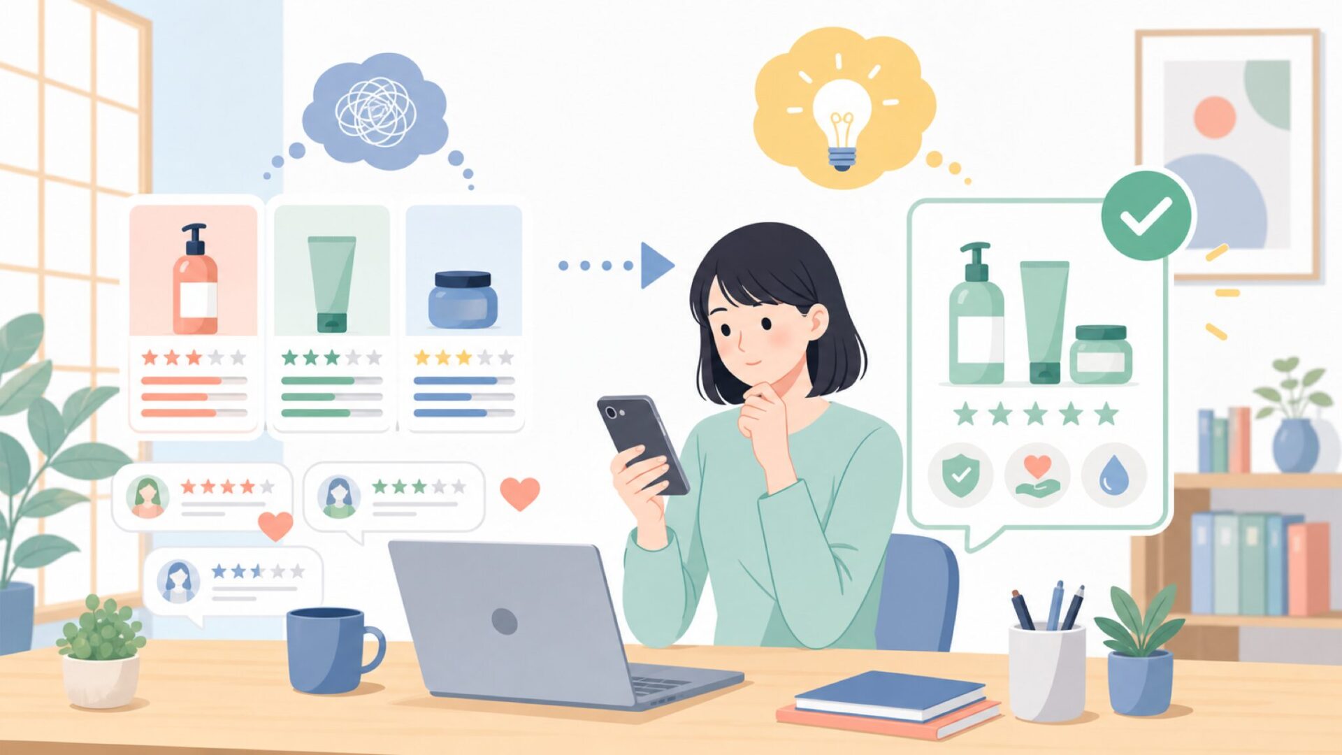 Kmise製品の品質とレビューを正直に評価するを表すイラスト
